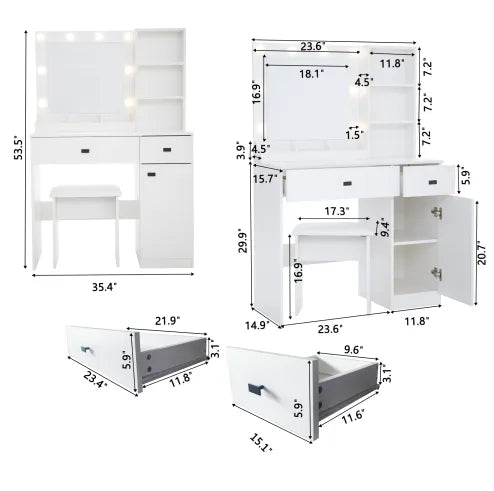 Vanity Desk with Lights, Mirror & Storage Drawers – Adjustable Brightness, White