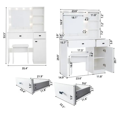 Vanity Desk with Lights, Mirror & Storage Drawers – Adjustable Brightness, White