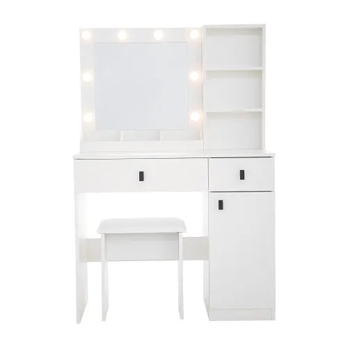 Vanity Desk with Lights, Mirror & Storage Drawers – Adjustable Brightness, White