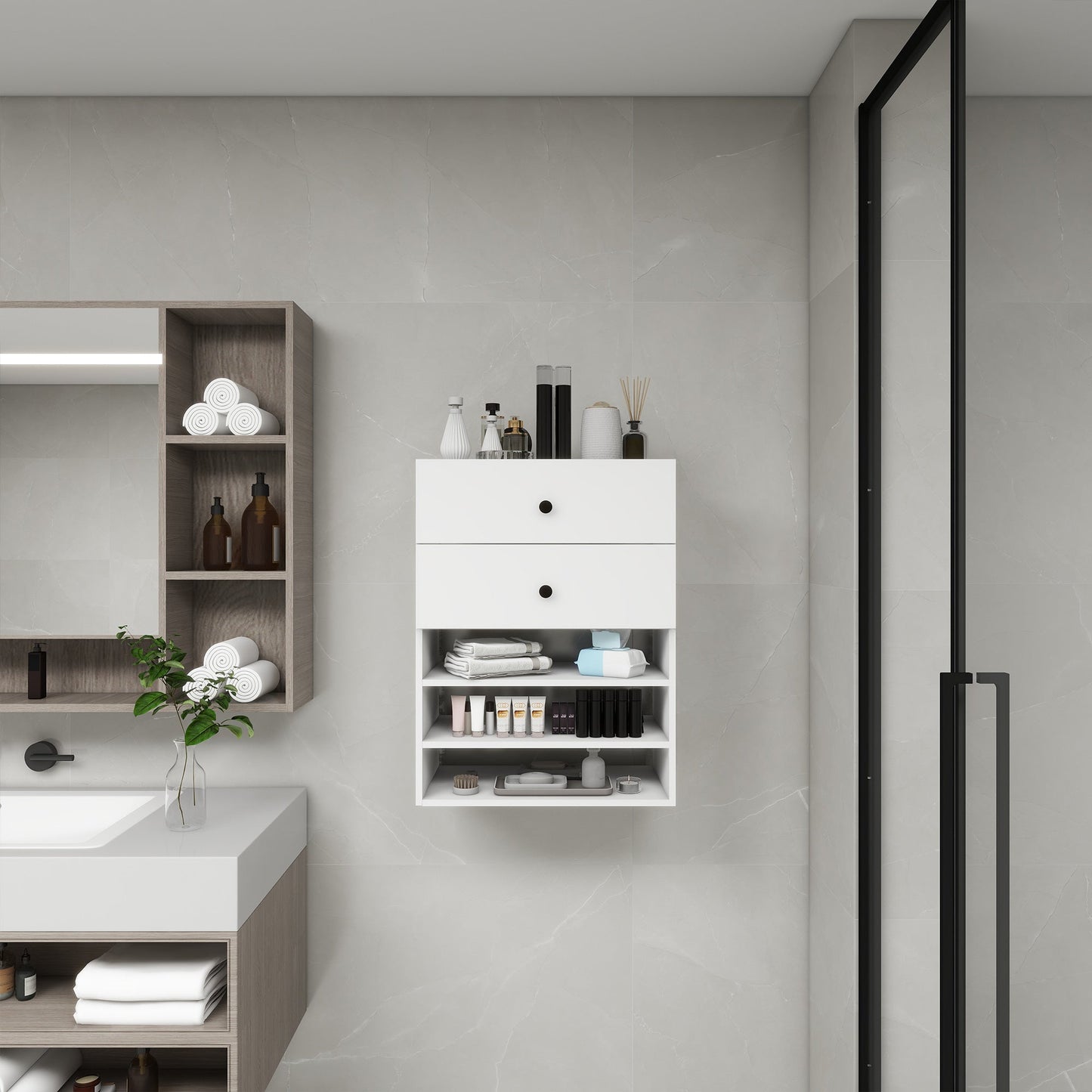 C1 Modular Closet Organizer – Wall Mount Shelving with 2 Drawers & 3 Shelves, White - Hearth&Hive