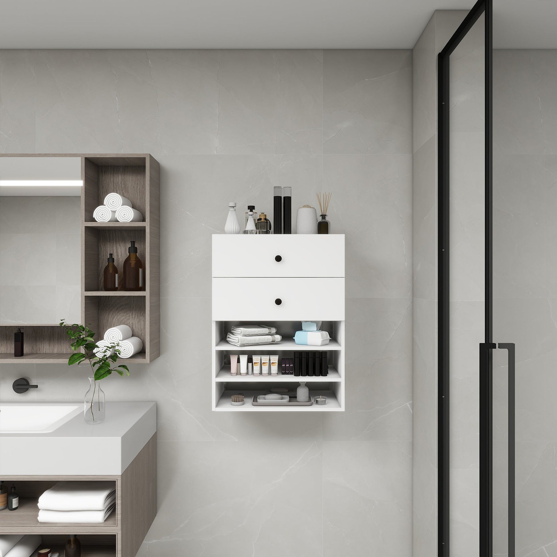 C1 Modular Closet Organizer – Wall Mount Shelving with 2 Drawers & 3 Shelves, White - Hearth&Hive