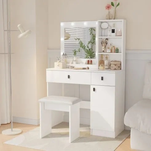 Vanity Desk with Lights, Mirror & Storage Drawers – Adjustable Brightness, White