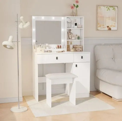 Vanity Desk with Lights, Mirror & Storage Drawers – Adjustable Brightness, White