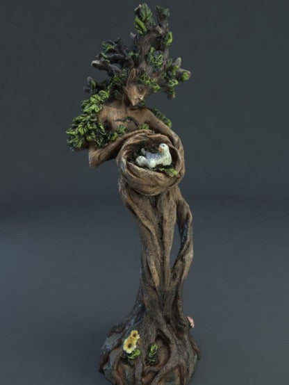 Forest Goddess Sculpture – Hand-Painted Resin Tree Man with Bird, Indoor & Outdoor - Hearth&Hive
