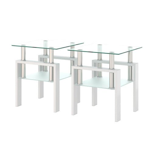 Set Of 2, Modern Tempered Glass Tea Table Coffee Table End Table, Square Table For Living Room, Transparent White - Hearth&Hive