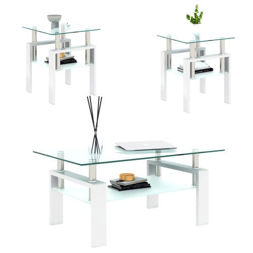 Set Of 2, Modern Tempered Glass Tea Table Coffee Table End Table, Square Table For Living Room, Transparent White - Hearth&Hive