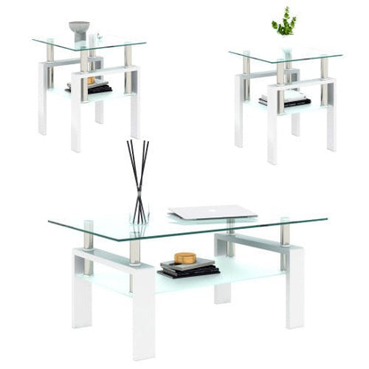 Set Of 2, Modern Tempered Glass Tea Table Coffee Table End Table, Square Table For Living Room, Transparent White - Hearth&Hive