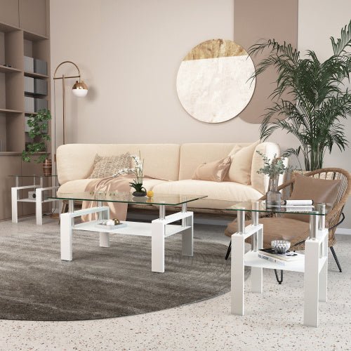 Set Of 2, Modern Tempered Glass Tea Table Coffee Table End Table, Square Table For Living Room, Transparent White - Hearth&Hive