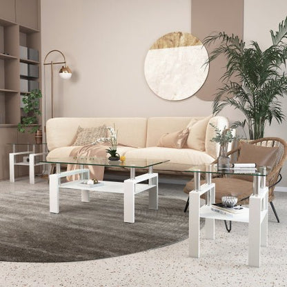 Set Of 2, Modern Tempered Glass Tea Table Coffee Table End Table, Square Table For Living Room, Transparent White - Hearth&Hive