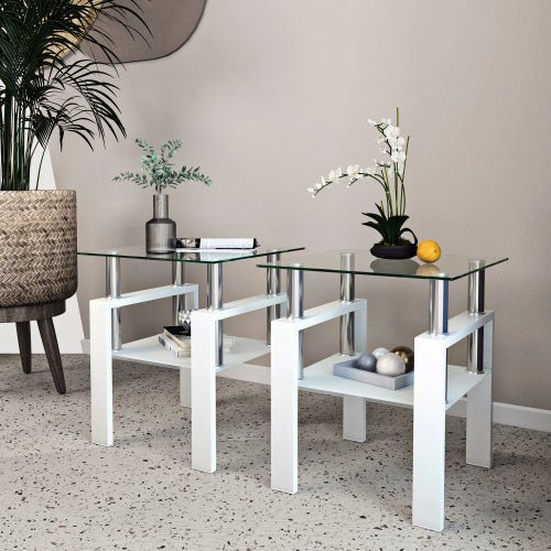 Set Of 2, Modern Tempered Glass Tea Table Coffee Table End Table, Square Table For Living Room, Transparent White - Hearth&Hive