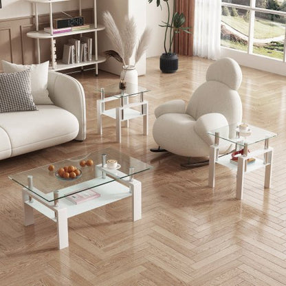 Set Of 2, Modern Tempered Glass Tea Table Coffee Table End Table, Square Table For Living Room, Transparent White - Hearth&Hive