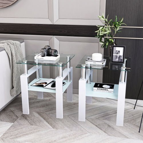 Set Of 2, Modern Tempered Glass Tea Table Coffee Table End Table, Square Table For Living Room, Transparent White - Hearth&Hive