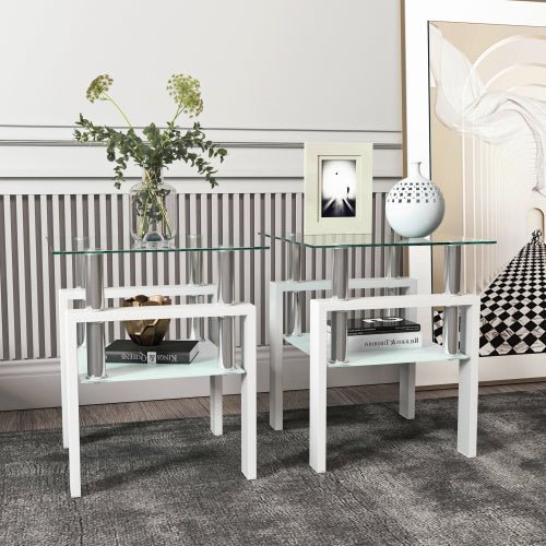 Set Of 2, Modern Tempered Glass Tea Table Coffee Table End Table, Square Table For Living Room, Transparent White - Hearth&Hive