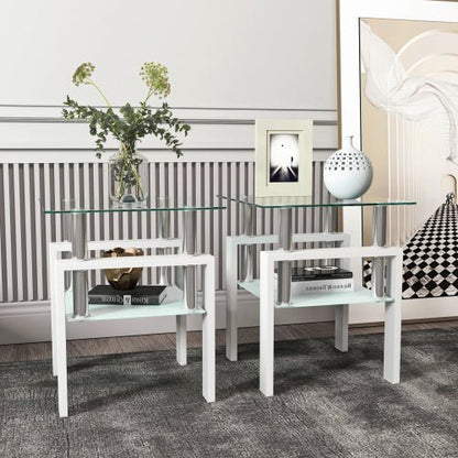 Set Of 2, Modern Tempered Glass Tea Table Coffee Table End Table, Square Table For Living Room, Transparent White - Hearth&Hive