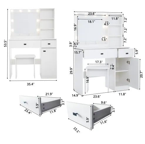 Vanity Desk with Lights, Mirror & Storage Drawers – Adjustable Brightness, White - Hearth&Hive