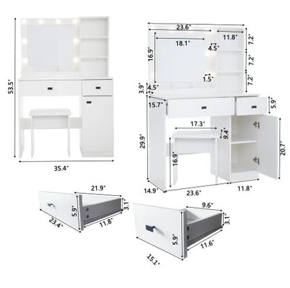 Vanity Desk with Lights, Mirror & Storage Drawers – Adjustable Brightness, White - Hearth&Hive