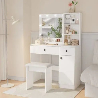 Vanity Desk with Lights, Mirror & Storage Drawers – Adjustable Brightness, White - Hearth&Hive