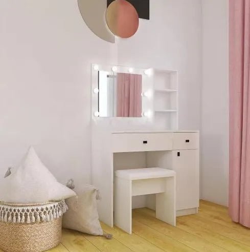 Vanity Desk with Lights, Mirror & Storage Drawers – Adjustable Brightness, White - Hearth&Hive