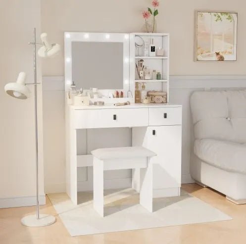 Vanity Desk with Lights, Mirror & Storage Drawers – Adjustable Brightness, White - Hearth&Hive