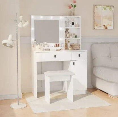Vanity Desk with Lights, Mirror & Storage Drawers – Adjustable Brightness, White - Hearth&Hive