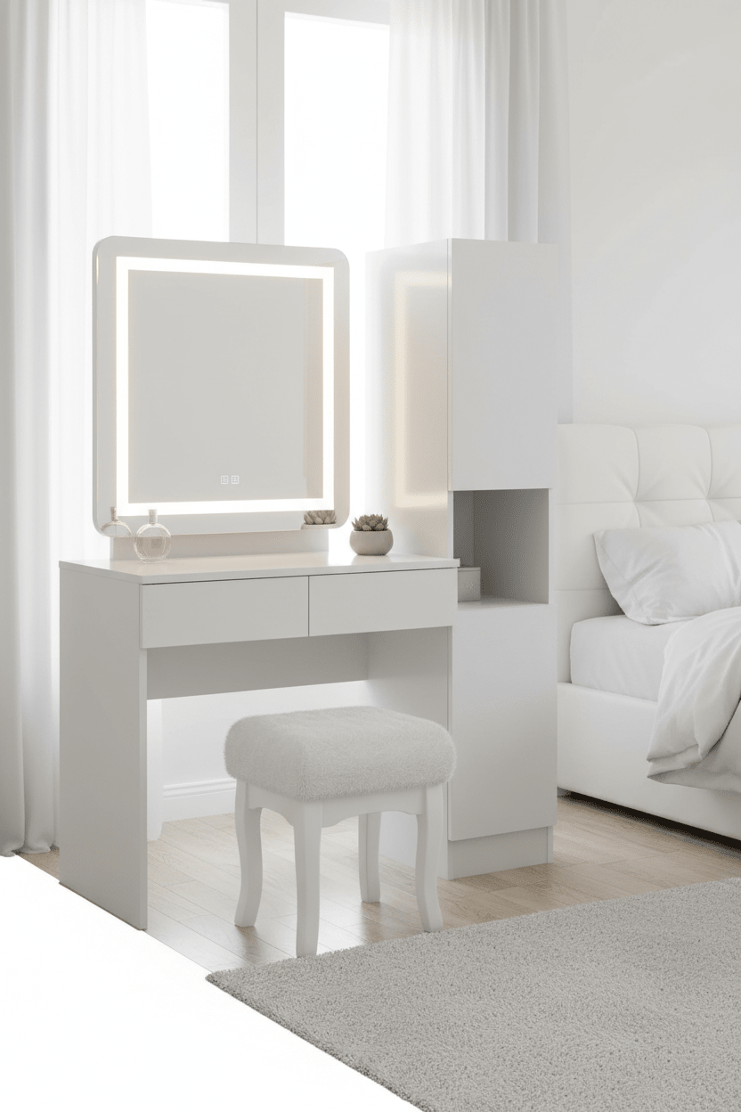 Vanity Desk with Lights, Mirror & Storage Drawers – Adjustable Brightness, White - Hearth&Hive