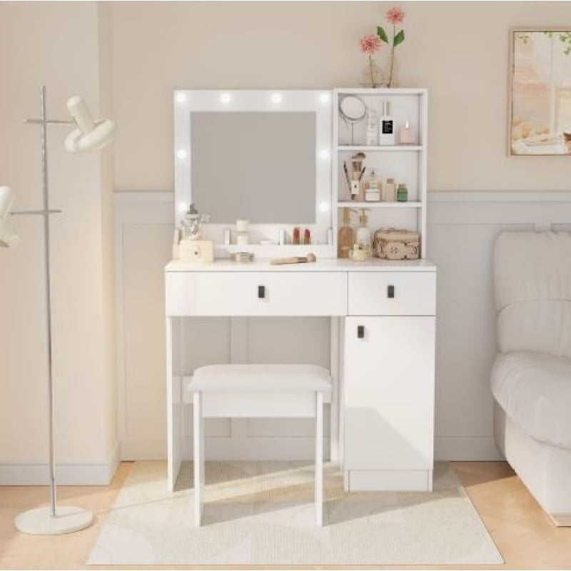 Vanity Desk with Lights, Mirror & Storage Drawers – Adjustable Brightness, White - Hearth&Hive